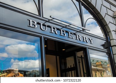 LONDON- APRIL, 2018: Exterior And Signage Of The Burberry Store In Covent Garden, A Famous And Luxury British Fashion Brand