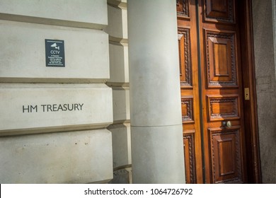 LONDON- APRIL, 2018: HM Treasury building on Horse Guards Road in Westminster. UK Government department for finance and economic policy