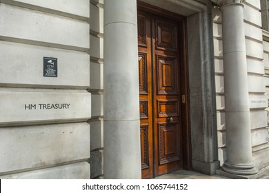 LONDON- APRIL, 2018: HM Treasury Building On Horse Guards Road In Westminster. UK Government Department For Finance And Economic Policy