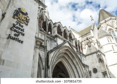 LONDON- APRIL, 2018: The Royal Courts Of Justice, An Imposing Gothic Law Court Building Housing The UK's High Court And Court Of Appeal 