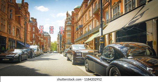 LONDON- APRIL, 2018: Wide angle view of  Mount Street in Mayfair, a luxury area of London’s west end