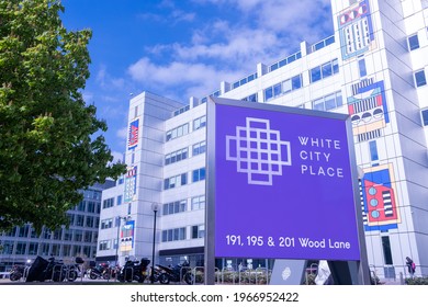 London- April, 2021: White City Place, a business district comprising of office buildings and food outlets formerly known as the BBC Media Centre, close to Shepherds Bush