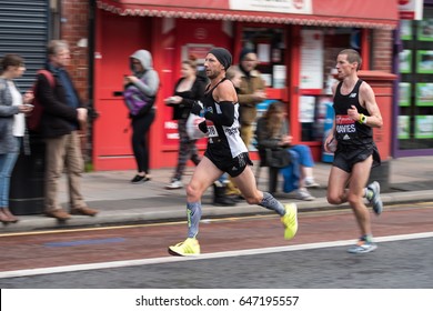 LONDON - April 24 2016. The London Marathon. Pro Runners Near The Beginning Of The Race. The Race Was Founded By The Chris Brasher And John Disley. 