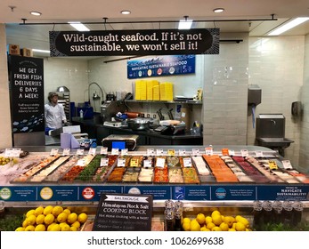 LONDON - APRIL 5, 2018: Sustainable Seafood Fresh Fish Products On Sale At Whole Foods Market In Soho, Westminster, London, UK.