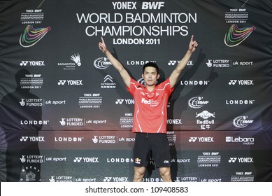 LONDON AUG 14: China's Lin Dan on the podium after defeating Malaysia's Lee Chong Wei in the men's singles final match of the World Badminton Championships at Wembley Arena in London, Aug 14, 2011.