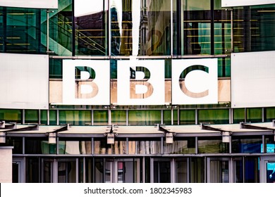 LONDON- AUGUST, 2020: The BBC or British Broadcasting Corporation headquarters building on Portland Place
