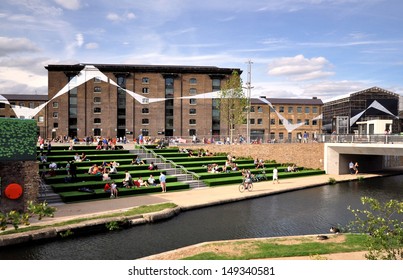 LONDON - AUGUST 4. The Granary Square is a new regeneration development with a dazzling ensemble of painted geometric shapes coordinating the scattered buildings, on August 4, 2013, in London, UK.