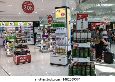 LONDON - AUGUST 7, 2019: Duty free shop at airport terminal at London Stansted