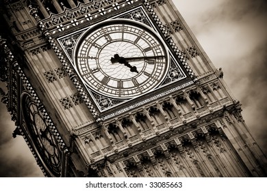 London Big Ben Over Cloudscape, Sepia Toned.