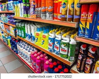 London, Brick Lane, UK. April 29th 2020; Taj Stores, A Local Supermarket In Famous Brick Lane, East London. Selling Food Groceries, Meat Produce And Household Supplies. The Aisle For Disinfectants.