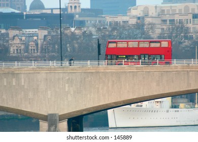 London Bus Crossing Waterloo Bridge