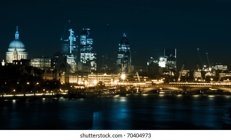 London By Night. St Paul's Cathedral And Financial District, Blackfriars Bridge