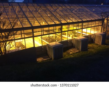 London Canada - April 13 2019: Editorial Photo Of A University Greenhouse At Night Time Illuminated With The Green House Lights. Many Botany Experiments Are Done Here.