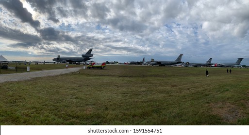 LONDON, CANADA - SEP 15 2019: Various military air crafts and fighter planes of US Air force and Royal Canadian Air force on static display in London Airshow 2019.