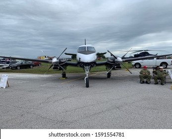 LONDON, CANADA - SEP 15 2019: Various military air crafts and fighter planes of US Air force and Royal Canadian Air force on static display in London Airshow 2019.