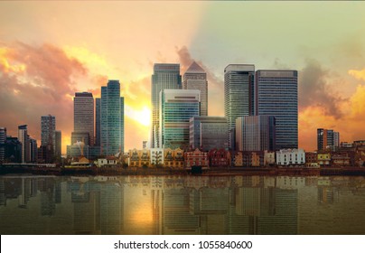 London, Canary Wharf business and banking aria at sunset.