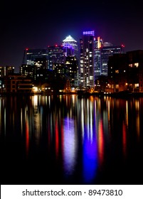 London Canary Wharf At Night With Reflection