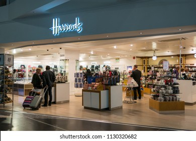 LONDON - CIRCA MAY, 2018: Harrods Shop Inside Gatwick International Airport. Harrods Was Opened At 1849 And Now It Is One Of The Most Famous Luxury Store In London.