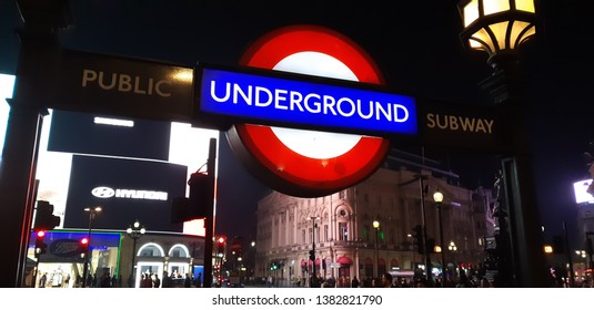 London City, 22 April 219. Night Glance Of A London Subway Entrance