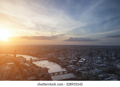 London City Aerial View Over Skyline With Dramatic Sky