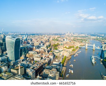 London City Business District View From Above. Aerial View On The Canary Wharf.