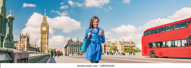 London City Commute Panoramic Background Of Woman Walking To Work Using Phone. People Lifestyle Tourist. Businesswoman Commuting On Westminster Bridge Street. Europe Travel, England, United Kingdom.