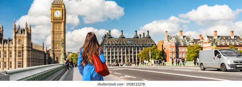 London City Commuters Walking By Westminster Big Ben People Lifestyle. Tourist Woman Commuting In The Morning Banner Panorama.