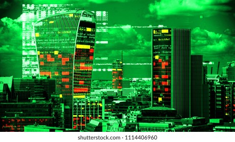 London City Skyline With Data And Computer Programming Information  Mapped Onto The Building Facades