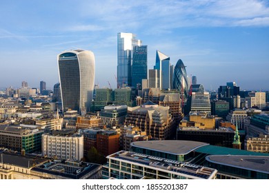 London City Skyline Drone View Of Square Mile At Sunrise