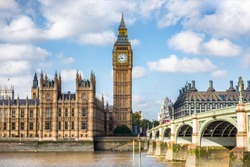 London City Travel Holiday Background. Big Ben And Houses Of Parliament With Westminster Bridge In London, England, Great Britain, UK.