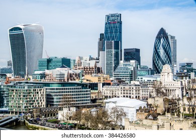 London Cityscape About Three High Buildings Including The Gherkin.