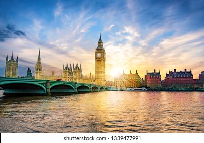 London cityscape with the Big Ben and City of Westminster Abbey bridge in sunset light, in United Kingdom 