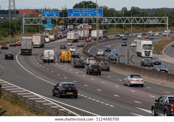 LONDON COLNEY, UK - JUNE 28, 2018: Afternoon\
traffic on busiest British motorway\
M25
