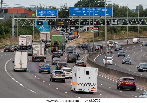 LONDON COLNEY, UK - JUNE 28, 2018: Afternoon\
traffic on busiest British motorway\
M25