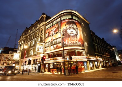 LONDON - DEC 10: Outside view of Queen's Theatre, West End theatre, located on Shaftesbury Avenue, City of Westminster, since 1907, designed by W.G.R. Sprague. at night on Dec 10, 2012 in London, UK.