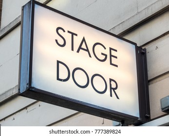 London, December 2017. A Front View Of The Stage Door Sign Outside Her Majestys Theatre In Haymarket,  In Piccadilly.