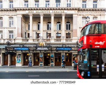 London, December 2017. A Front View Of Her Majestys Theatre, Which Is Showing The Phantom Of The Opera, On Haymarket, In Piccadilly.