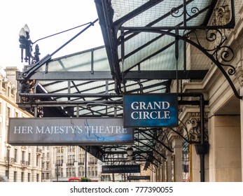 London, December 2017. A Front View Of The Sign On Her Majestys Theatre, Which Is Showing The Phantom Of The Opera, On Haymarket, In Piccadilly.