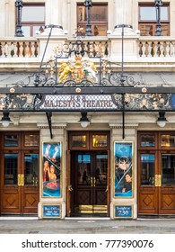 London, December 2017. A Front View Of Her Majestys Theatre, Which Is Showing The Phantom Of The Opera, On Haymarket, In Piccadilly.