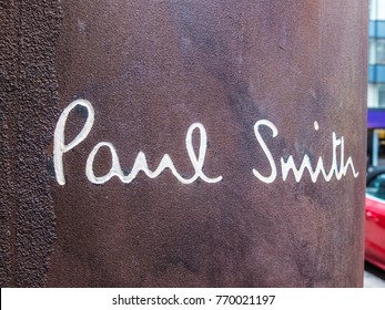London, December 2017. A view of the sign outside the Paul Smith store on Albemarle street, in Mayfair.
