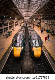 LONDON- DECEMBER, 2019: Great Wester Railway trains on platform inside Paddington Station, a major London railway terminus. 