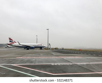 LONDON - DECEMBER 6: British Airways Aircraft On The Ground In Mist At London Heathrow International Airport On December 6, 2016 In London, UK. Reduced Visibility Slows Air Traffic Flow Rates.