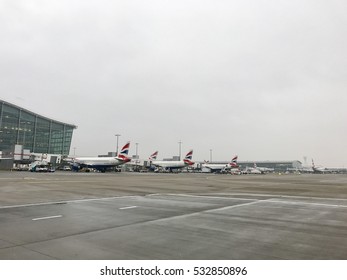 LONDON - DECEMBER 6: British Airways Aircraft On The Ground In Mist At London Heathrow International Airport On December 6, 2016 In London, UK. Reduced Visibility Slows Air Traffic Flow Rates.