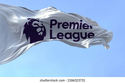 London, ENG, July 2022: Close-up Of The Premier League Flag Waving In The Wind. Premier League Is The Top Level Of The English Football League System. Illustrative Editorial