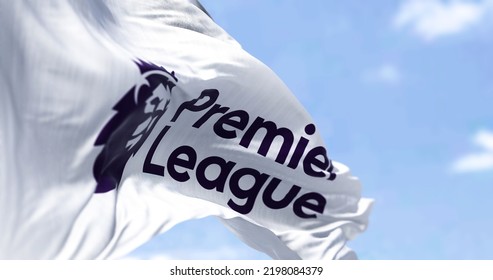 London, ENG, July 2022: Close-up Of The Premier League Flag Waving In The Wind. Premier League Is The Top Level Of The English Football League System. Illustrative Editorial