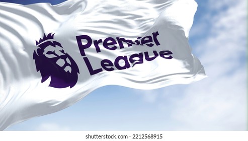 London, ENG, July 2022: Close-up Of The Premier League Flag Waving In The Wind. Premier League Is The Top Level Of The English Football League System. Illustrative Editorial