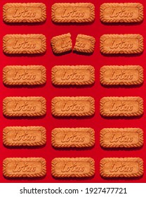 London, England - 01.22.2021: Lotus biscuits bright pattern