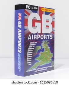 London, England, 05/0/2018 A Big Box Microsoft Windows PC Video Game And Computer Game. Gb Airports Flight Simulator Retro Vintage Cd And Dvd Computer Games.