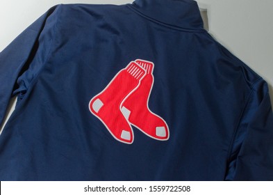 London, England, 05/05/2018 A Retro Rare Boston Red Sox Majestic Zip Up Embroidered Sweatshirt Jacket Men's. Baseball Sports Memorabilia Apparel From The United States Of America.