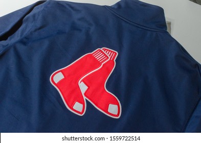 London, England, 05/05/2018 A Retro Rare Boston Red Sox Majestic Zip Up Embroidered Sweatshirt Jacket Men's. Baseball Sports Memorabilia Apparel From The United States Of America.